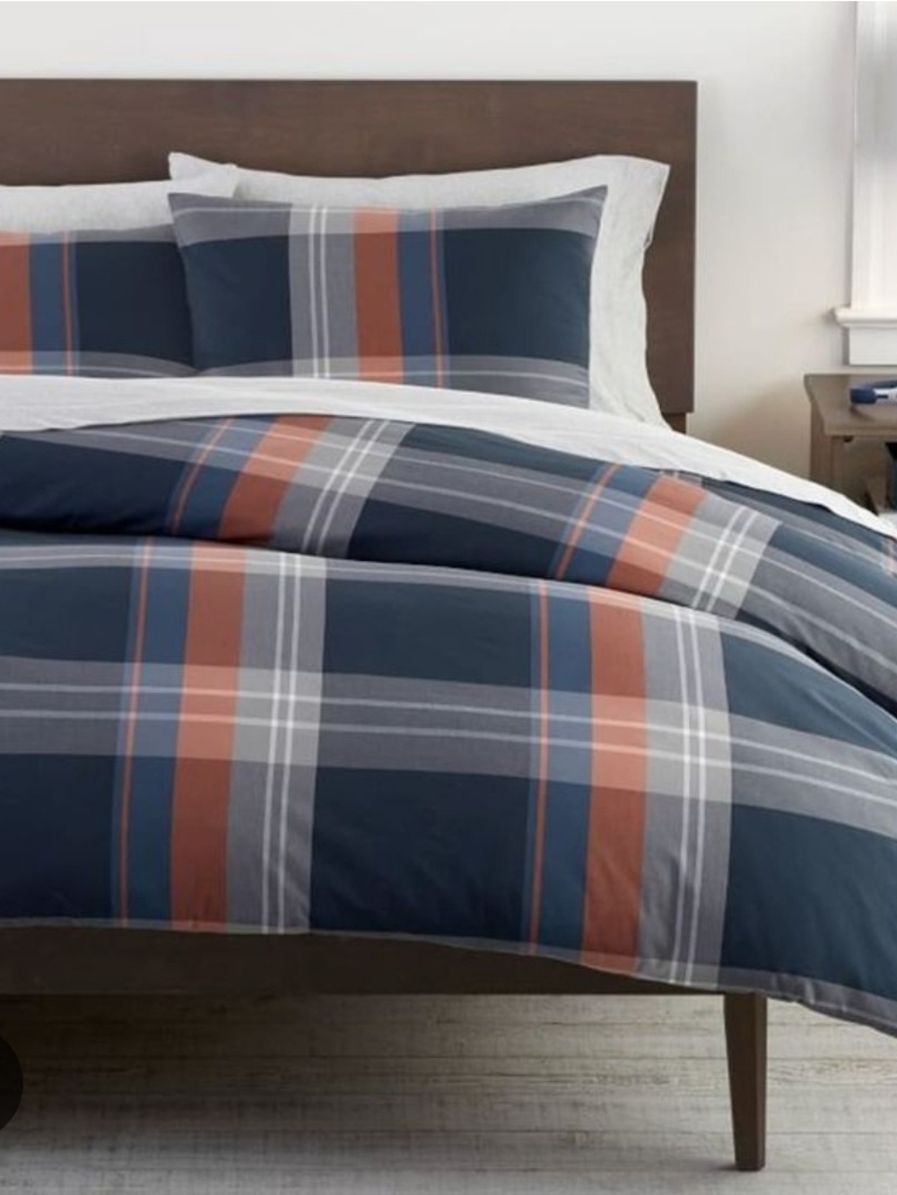 Pottery Barn Teen Walker Full/Queen Navy, Orange & Gray Plaid Duvet Cover